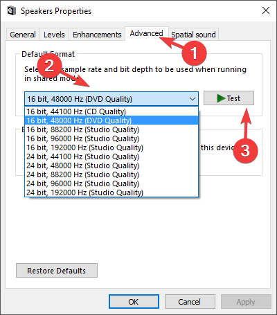 domyślny format dźwięku - napraw dźwięk laptopów Lenovo